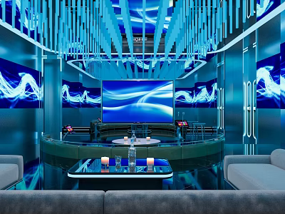 Modern KTV Interior Design With Blue Lighting Large Screen Comfortable Sofa And Decorative Ceiling 3d model