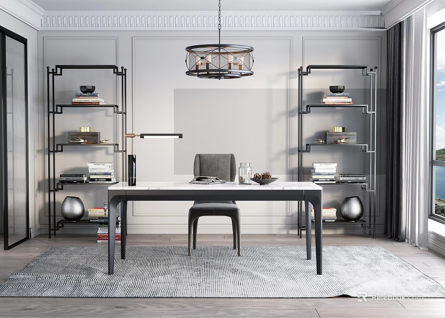 Elegant Modern Study Room Interior With Writing Desk Black Metal Bookshelves And Pendant Light 3d model 