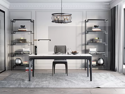 Elegant Modern Study Room Interior With Writing Desk Black Metal Bookshelves And Pendant Light 3d model