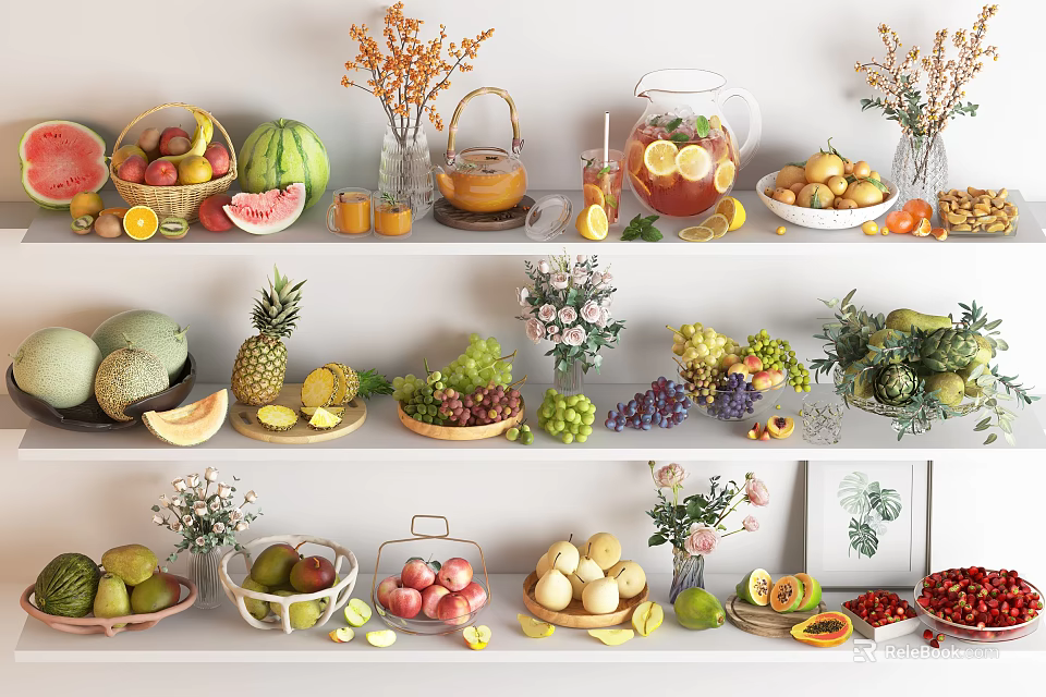 Assorted Fresh Fruits Displayed on White Shelves with Vases and Water Jug 3d model 