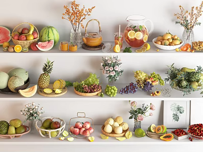 Assorted Fresh Fruits Displayed on White Shelves with Vases and Water Jug 3d model