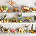 Assorted Fresh Fruits Displayed on White Shelves with Vases and Water Jug