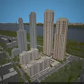 Aerial Planning of Modern High Rise Residential Complex with River Bridge Roads and Green Areas