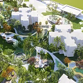 Residential Landscape With White Buildings Lush Greenery Winding Paths And Gardens