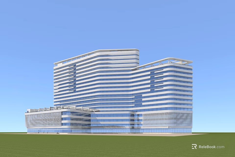 Modern High Rise Hospital Building With Glass Curtain Walls And Green Lawn 3d model 