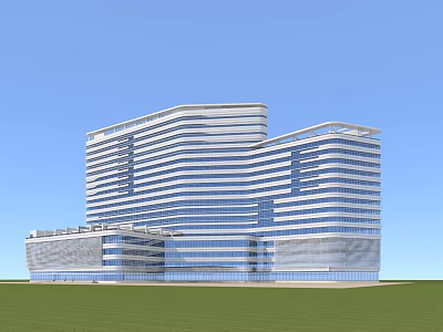 Modern High Rise Hospital Building With Glass Curtain Walls And Green Lawn 3d model