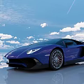 Purple Lamborghini Sports Car Parked With Blue Sky White Clouds And Water Reflection