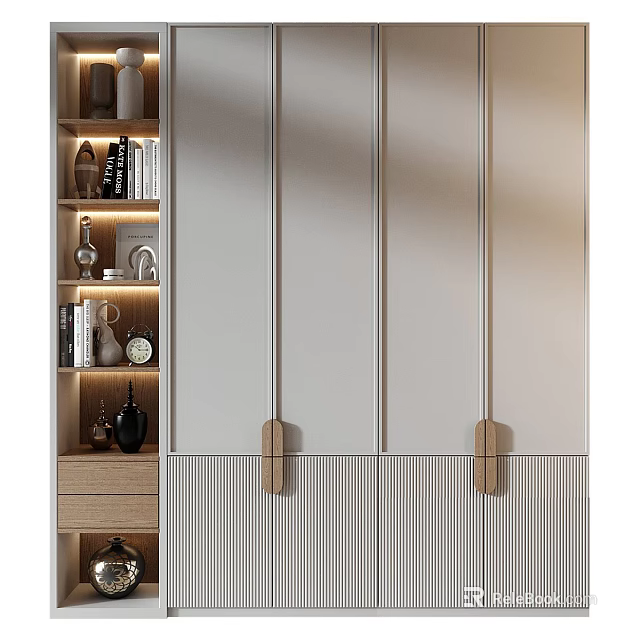 Modern Wooden Bookcase With Glass Doors And Decorative Items On Open Shelves 3d model 