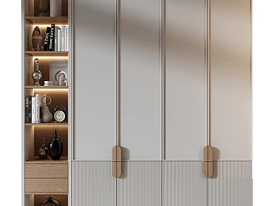 Modern Wooden Bookcase With Glass Doors And Decorative Items On Open Shelves 3d model