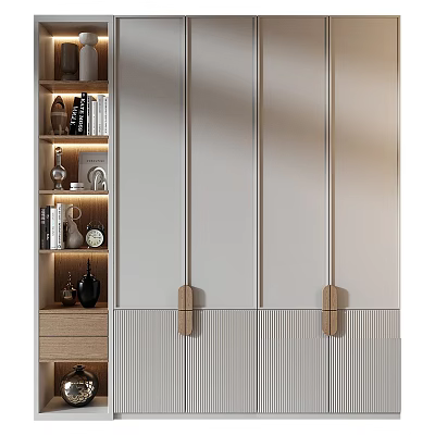 Modern Wooden Bookcase With Glass Doors And Decorative Items On Open Shelves 3d model