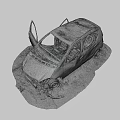 Burnt Rusted Orange Car With Open Doors Ash Around And Damaged Parts