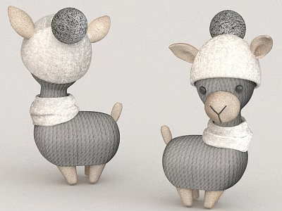 Cute Gray And White Llama Doll With Knitted Hat Pom Pom And Scarf 3d model