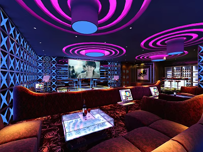 Modern KTV Lounge with Neon Lighting Ceiling Sofa TV Screen and Bar Counter 3d model