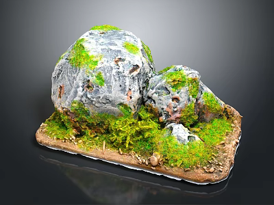 Wood Stone Natural Decorative Model With Moss Covered Rocks And Earthy Wooden Base 3d model