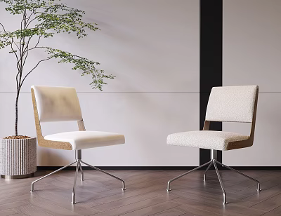 Upholstered Accent Chairs With Metal Legs Fabric Seats Green Plant Gray Planter On Wooden Floor 3d model