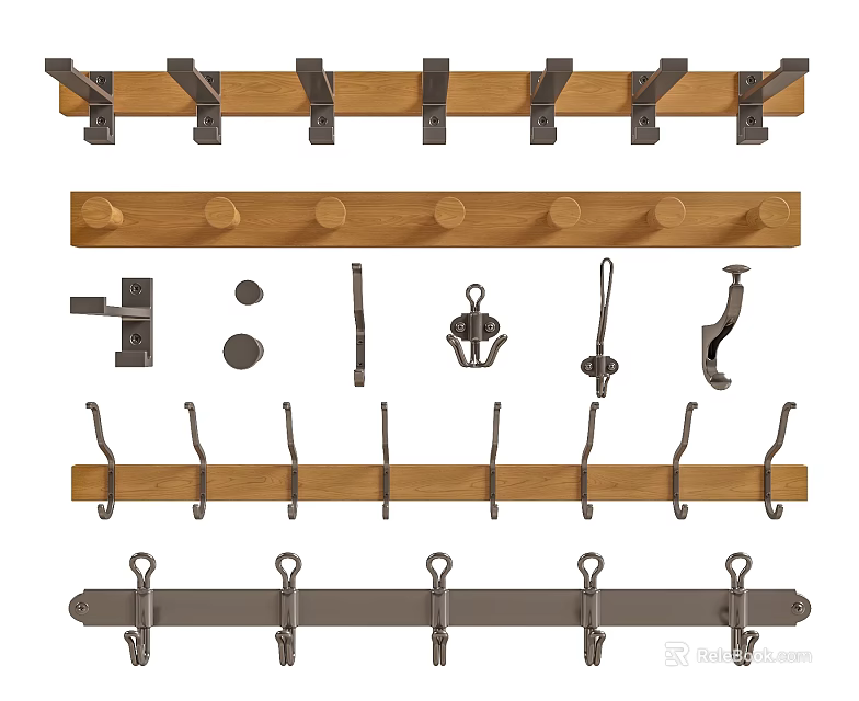 Assorted Wall Hooks With Wooden Strips Metal Clips and Single Hook Designs 3d model