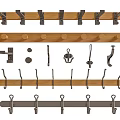 Assorted Wall Hooks With Wooden Strips Metal Clips and Single Hook Designs 3d model