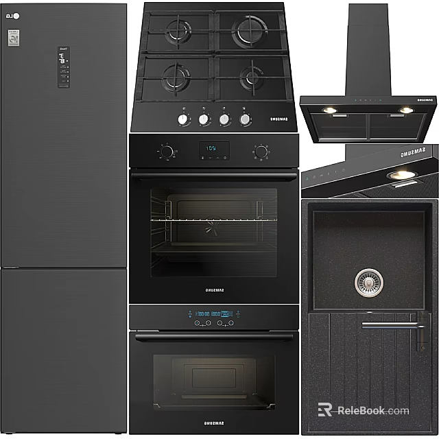 Modern Black Kitchen Appliances Including Refrigerator Gas Stove Oven Range Hood And Sterilizer Cabinet 3d model 