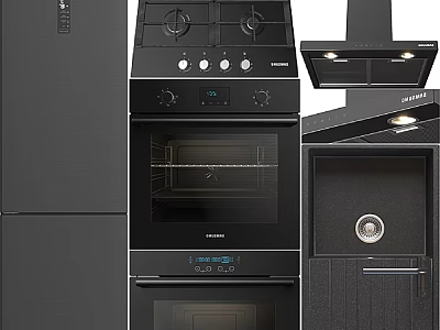 Modern Black Kitchen Appliances Including Refrigerator Gas Stove Oven Range Hood And Sterilizer Cabinet 3d model