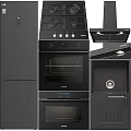 Modern Black Kitchen Appliances Including Refrigerator Gas Stove Oven Range Hood And Sterilizer Cabinet