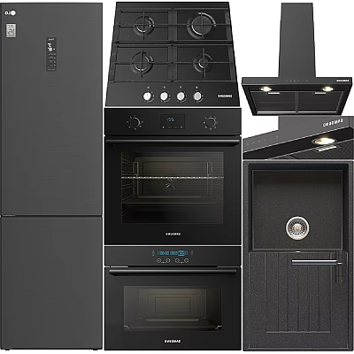 Modern Black Kitchen Appliances Including Refrigerator Gas Stove Oven Range Hood And Sterilizer Cabinet 3d model