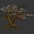 Three Decorative Trees With White Flowers Pink Blossoms Bare Branches And Exposed Roots Artistic