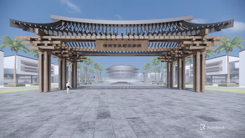Chinese style Entrance Gate with Arched Wooden Structure Palm Trees And Modern Building In Stone Square 3d model 