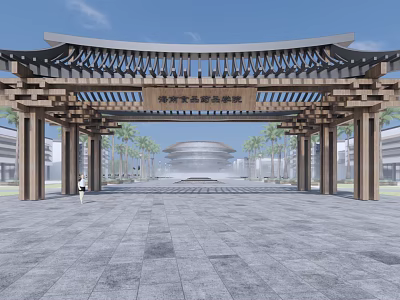 Chinese style Entrance Gate with Arched Wooden Structure Palm Trees And Modern Building In Stone Square 3d model