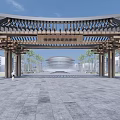 Chinese style Entrance Gate with Arched Wooden Structure Palm Trees And Modern Building In Stone Square