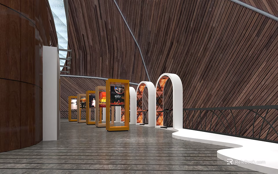 Modern Hotel Lobby Interior With Wooden Walls Arched Structures And Display Cases 3d model 