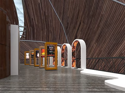 Modern Hotel Lobby Interior With Wooden Walls Arched Structures And Display Cases 3d model