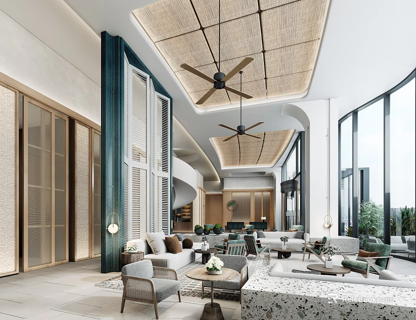 Contemporary Hotel Lobby Interior With Rattan Ceiling Ceiling Fans Sofa Sets And Coffee Tables 3d model 