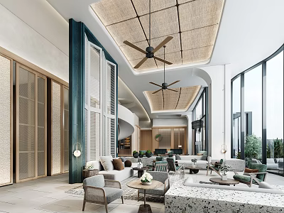Contemporary Hotel Lobby Interior With Rattan Ceiling Ceiling Fans Sofa Sets And Coffee Tables 3d model