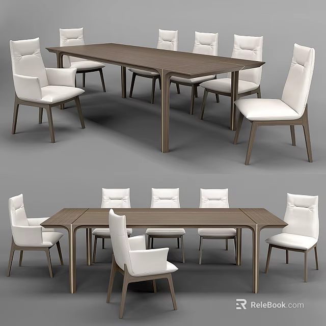Modern Rectangular Wooden Dining Table Set With White Chairs For Dining Room 3d model