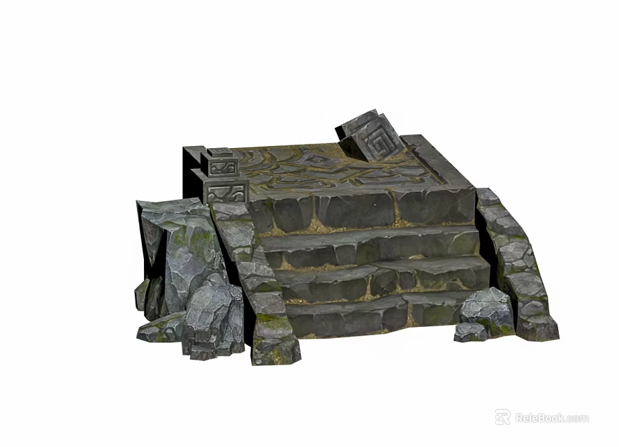Ancient Ruin Stone Platform With Carved Steps Decorative Engravings And Broken Stones 3d model 