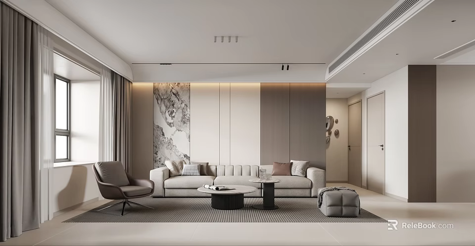 Modern Living and Dining Room Interior Design With Sofa Coffee Table And Decorative Wall Art 3d model 