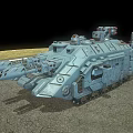 Blue Military Armored Vehicle With Multiple Cannons And Top Mounted Equipment
