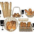 Fresh Assorted Bread Displayed in Woven Baskets with Baguettes Rolls and Black Tags