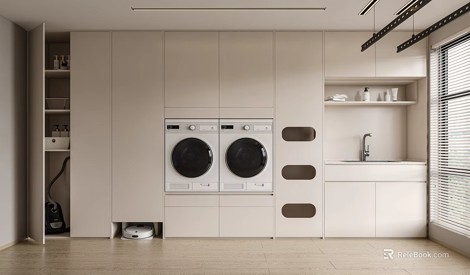 Modern Laundry Room Interior Design With White Cabinets Two Washing Machines And Sink 3d model 