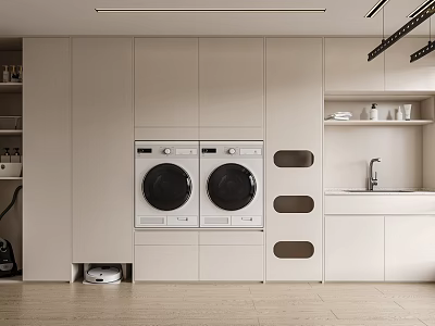 Modern Laundry Room Interior Design With White Cabinets Two Washing Machines And Sink 3d model