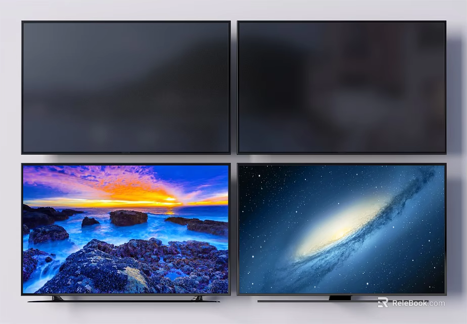 Multiple Modern TVs Displaying Sunset Scene and Galaxy Image on Screens 3d model