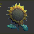 Stunning Sunflower Bloom With Yellow Petals Brown Center And Green Leaves On Dark Background