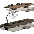 Traditional Tea Table And Chairs Set With Ceramic Teacups And Decorative Branch On Mats