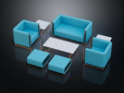 Modern Blue Sofa And Coffee Table Set With Gold Frame White Table And Ottomans 3d model