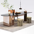 Modern Tea Table With Glass Top Metal Base Chairs Stools Tea Set And Hanging Lamp