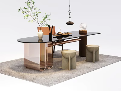 Modern Tea Table With Glass Top Metal Base Chairs Stools Tea Set And Hanging Lamp 3d model