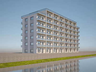 Modern Multistory Residential Building With Balconies Light Facade By Waterfront Reflection Green Grass 3d model