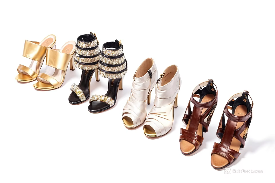 Stylish Women's High Heel Shoes With Gold Black White Brown Straps And Decorative Design 3d model 
