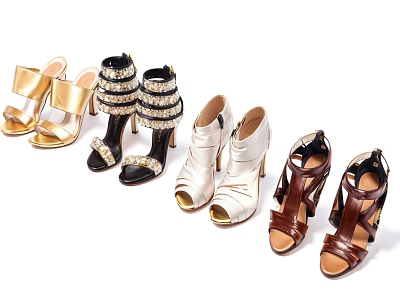 Stylish Women's High Heel Shoes With Gold Black White Brown Straps And Decorative Design 3d model