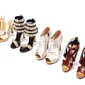 Stylish Women's High Heel Shoes With Gold Black White Brown Straps And Decorative Design